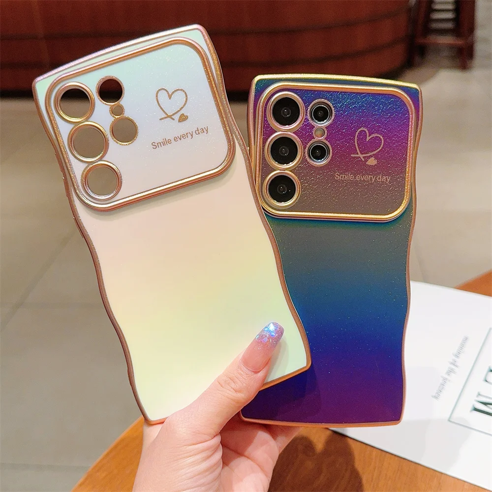 Curly Wavy Glitter Laser Love Heart Phone Case For Samsung S24 S23 Ultra S24 FE S22 Plus Fashion Colourful Shockproof Back Cover_voghion.com