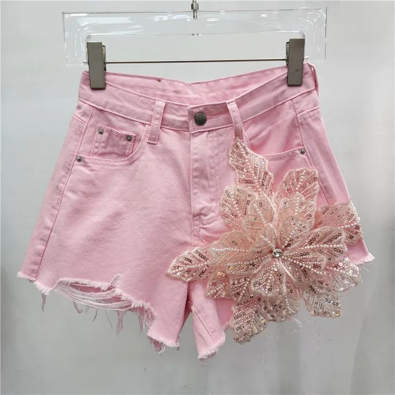Denim Shorts Women's 2024 Summer New Korean Style Fashion Three-Dimensional Embroidered Ripped Burr Straight Wide Leg Jeans