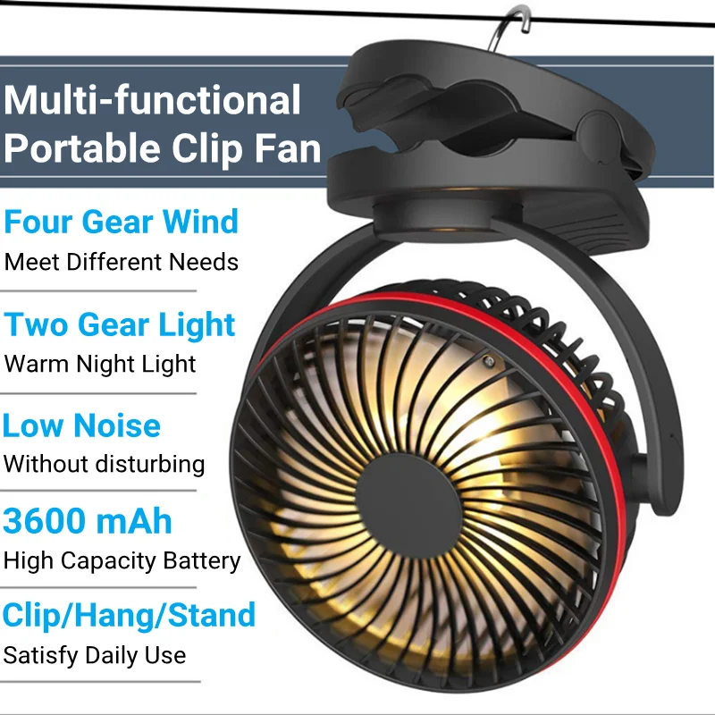 3600mAh USB Rechargeable Electric Portable Air Cooling Clip Fan Camping Ceiling Fan with Nightlight 4 Gear Home Mini Table Fan