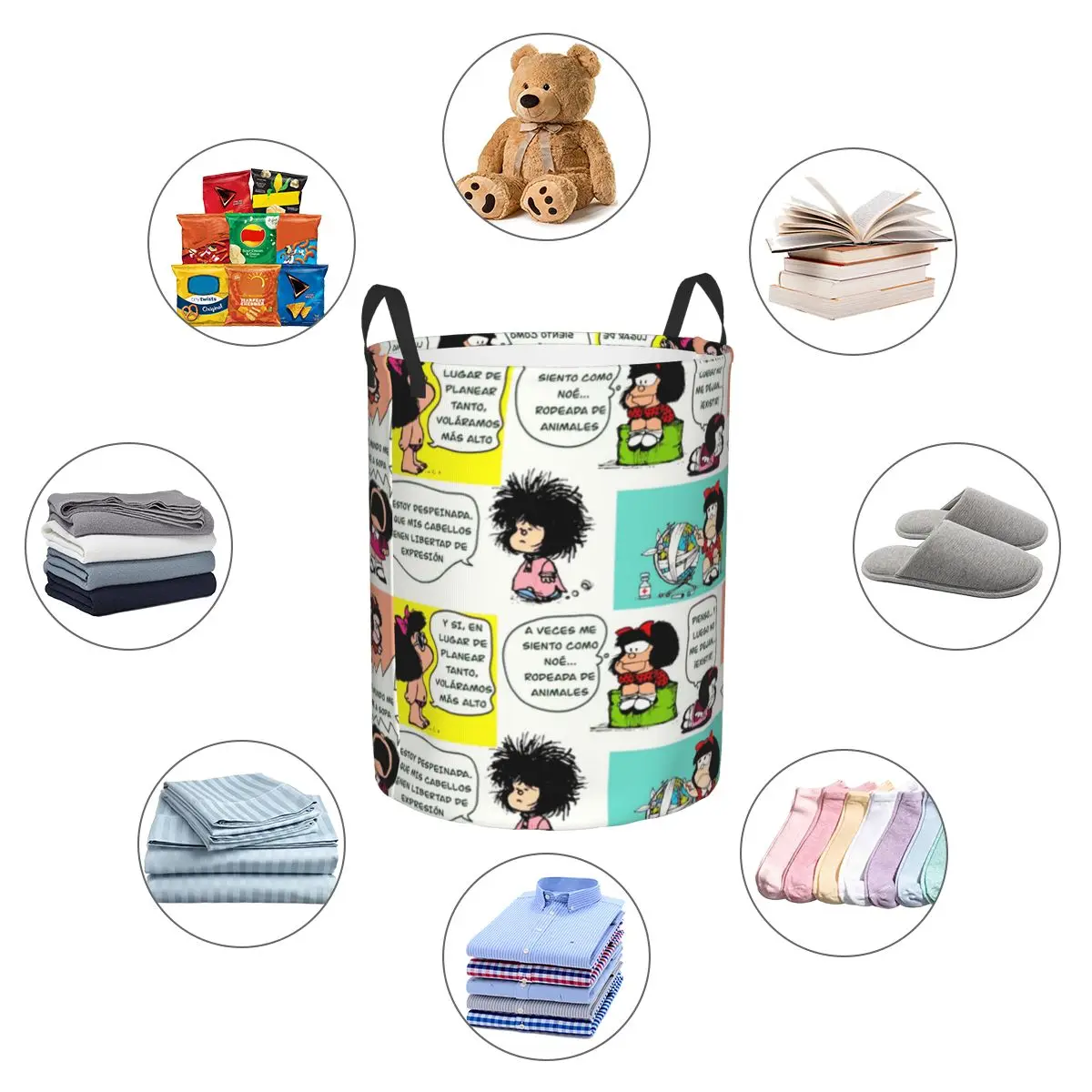 Manga Quino Mafalda Laundry Basket Collapsible Kawaii Cartoon Clothes Hamper for Baby Kids Toys Storage Bag