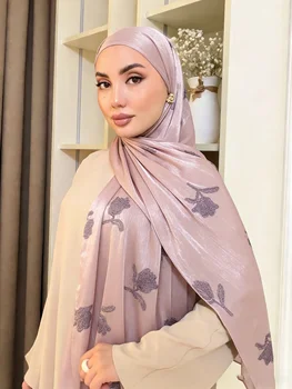 Elegant Floral Embroidery Hijab Fashion Islamic Head Wrap for Women Glitter Shimmer Hijab Lightweight Crinkle Plain Scarves