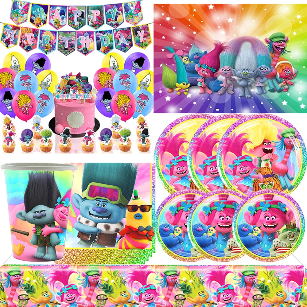 

TROLLS Magic Hair Elf TBirthday Party Decoration Disposable Tableware Balloon Banner Cake Topper Background Baby Shower Supplie