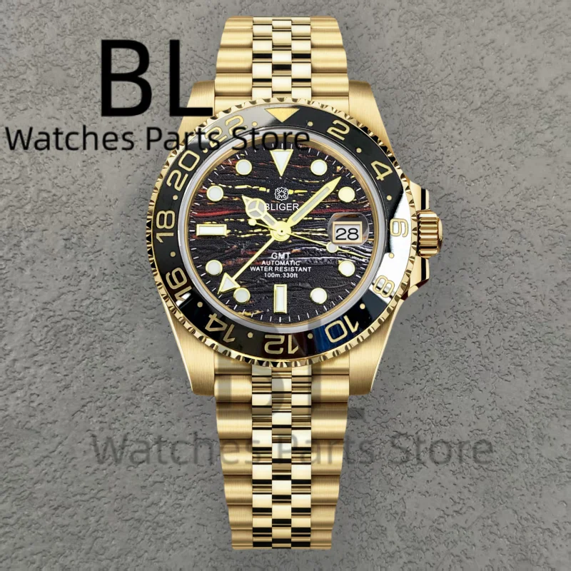 BLIGER Top Brand Luxury 40MM Full Gold Automatic Watch Sapphire Glass Waterproof Tiger-Eye Pattern Doulbe End Link Braclelet