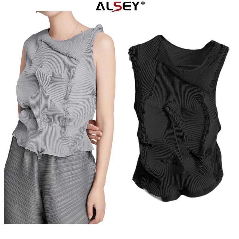 

ALSEY Miyake Irregular Women's Tops Niche Fashion Design Undershirt 2023 Pleated Senior Sleeveless Loose Plus Size Slim T-shirt
