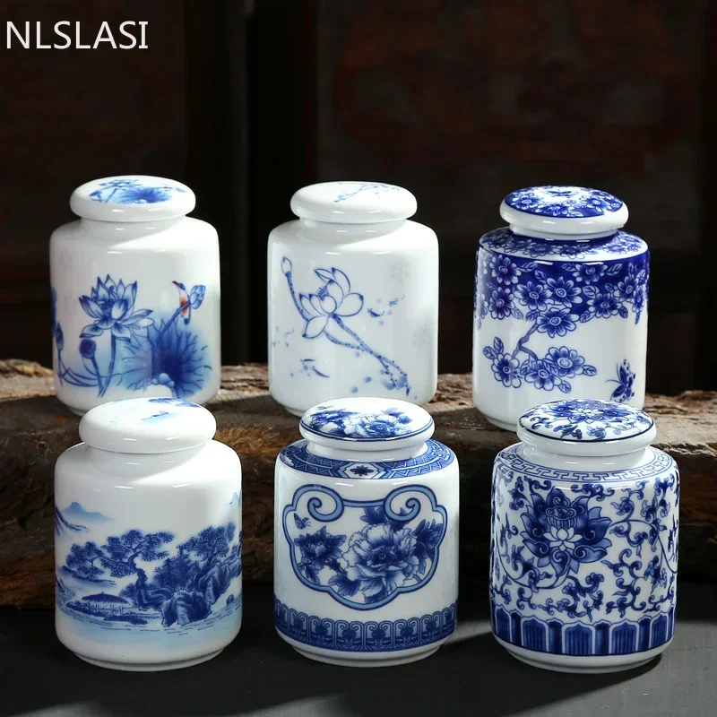 Tea Caddy Chinese Blue and White Porcelain Ceramics Tieguanyin Sealed Containers Travel Tea Bag Storage Box Coffee Canister tea tin box tea canister