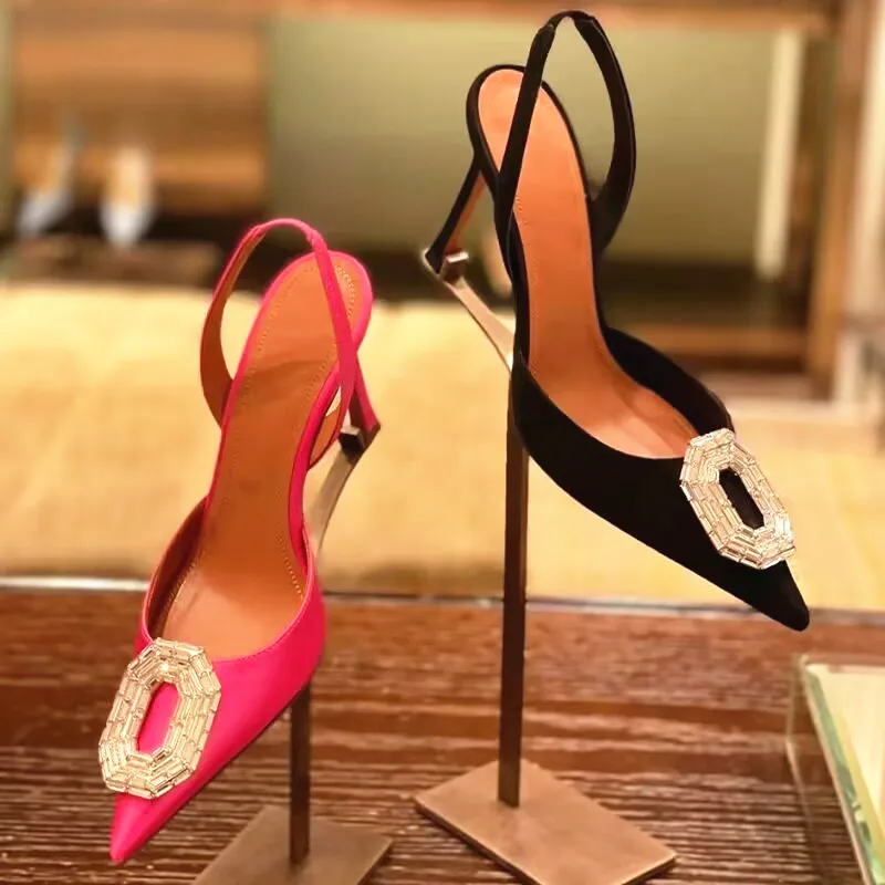 

Baotou Women's Sandals Spring/Summer 2024 New Muller Fashion Rhinestone Square Buckle Pointed Thin Heel High Heel Sandals