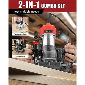 Compact Wood Router Combo Tool 800W 110V with 6 Speeds Fixed Base Plunge Router Woodworking Trimmer Router Kit with Accessories 4