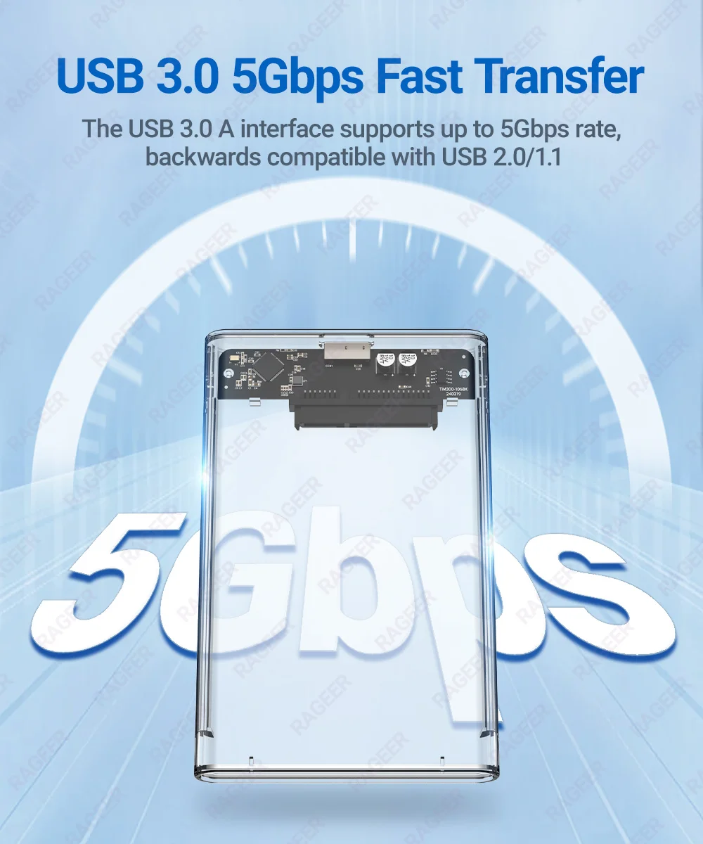RAGEER 2.5 Externes Festplattengehäuse USB 3.0 zu SATA Transparentes Festplattengehäuse für 7mm/9.5mm SATA HDD/SSD Max 6TB UASP-Unterstützung – Detail 2