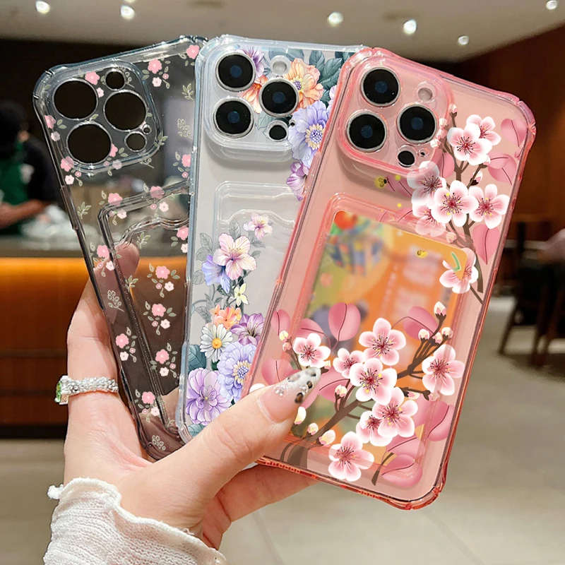 Floral Shockproof Clear TPU Phone Cover with Card Slot Pocket
