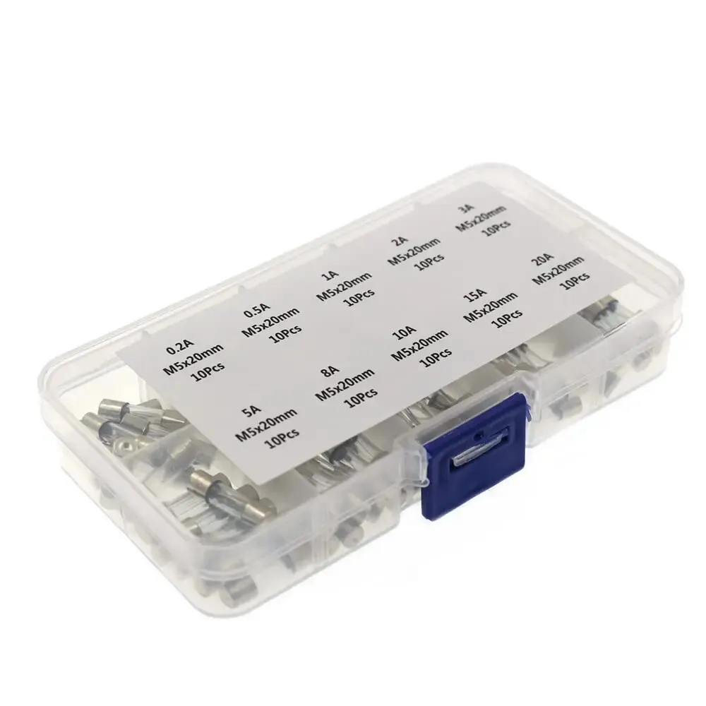 Quick Blow Glass Tube Fuse Assorted Kit 100pcs 5x20mm Amp 0.2A 0.5A 1A 2A 3A 5A 8A 10A 15A 20A 250V with Storage Box glass tube fuse kit glass tube fuses glass fuses tube fuses fast acting fuse