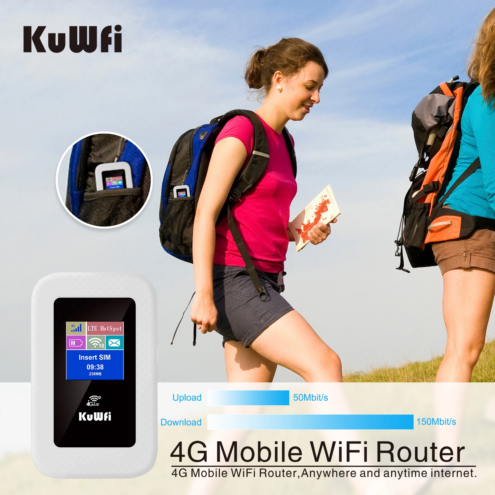 Kuwfi Desbloquear 4g Lte Router 150mbps sem Fio Wifi Portátil Mini Hotspot ao ar Livre Bolso com Cartão Sim Usb Carga 2100mah Bateria - Imagem 4