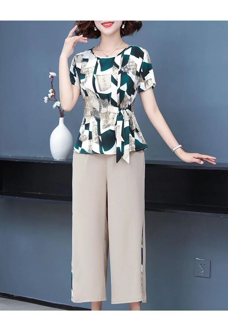 2024 new modern mother and daughter matching clothing set for women in middle age elderly short-sleeve chiffon blouses and cropped pants