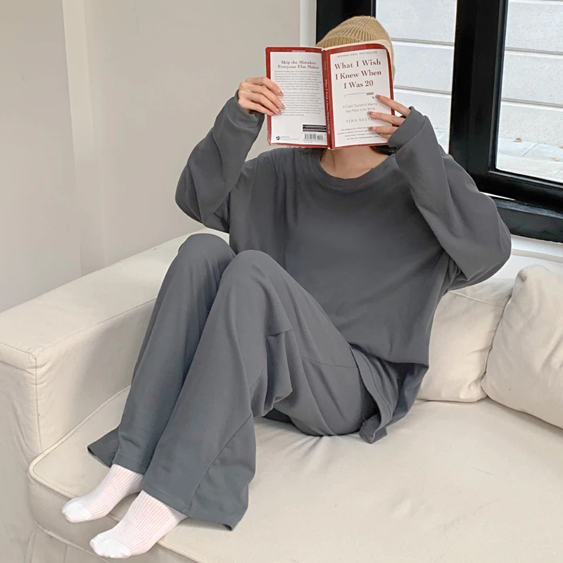 Autumn and Winter New Casual Loose Fit Large German Velvet Solid Color Set Pajamas Women's Simple Pullover Sports Home Fur