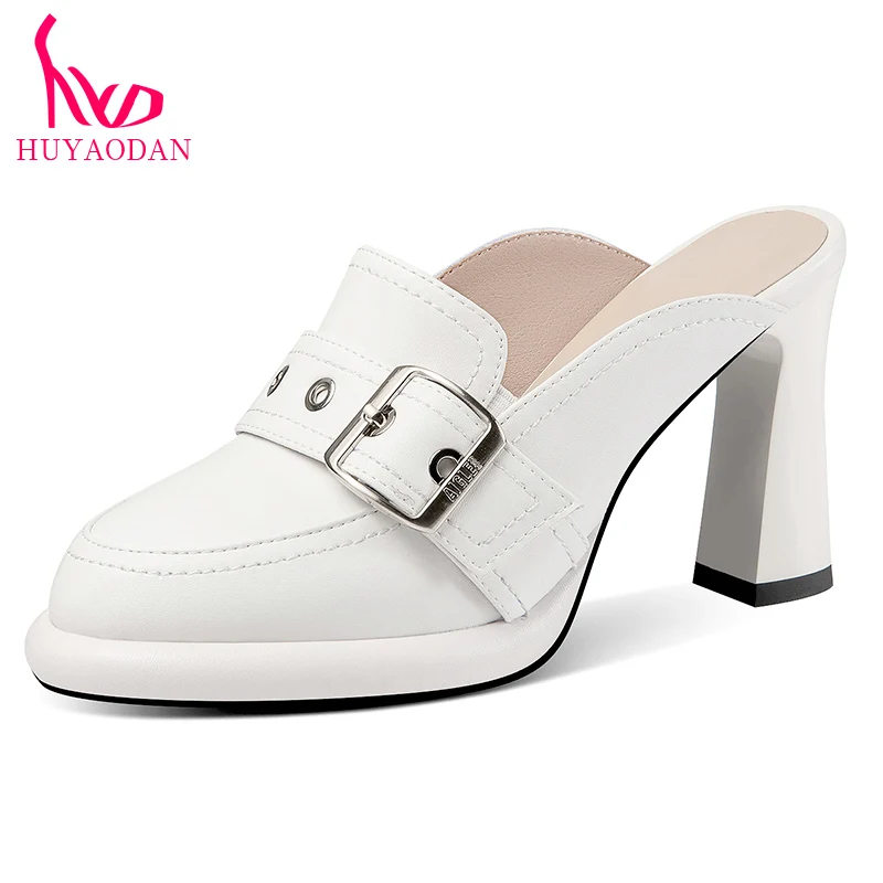 

HUYAODAN Genuine Leather Summer Sandals Shoes For Women New Sexy High Heels Platform Black WHite Dress Party Lady Size 34-39