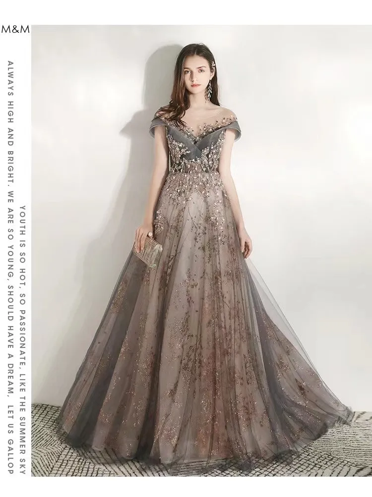 Luxury Prom Dress Off Shoulder A-Line Beading Exquisite Sequins Illusion Scoop Neck Gray Spray Gold Tulle Ceremony Evening Gowns burgundy prom dresses