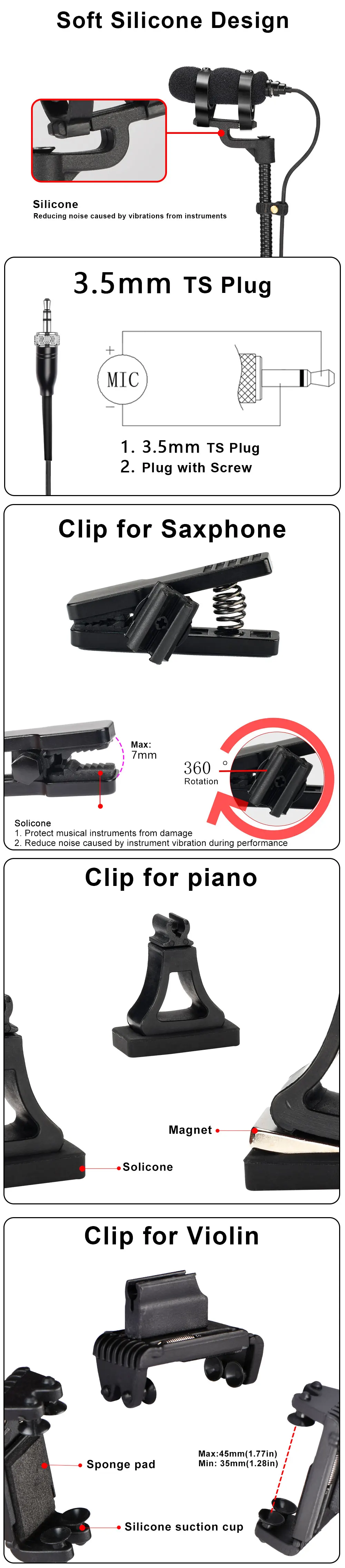 FREEBOSS 3.5mm with Nut Saxophone Mic Condencer Hypercardioid Music Instrument Wired Microphone for Trumpet Violin IM-22-L4