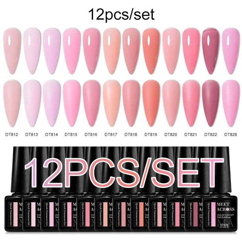MEET ACROSS 12PCS/SET Quick Extension Gel For Nails Gold Pink Red Foils Semi Permanent Nail Art Gel Varnishes Manicure Kits 2