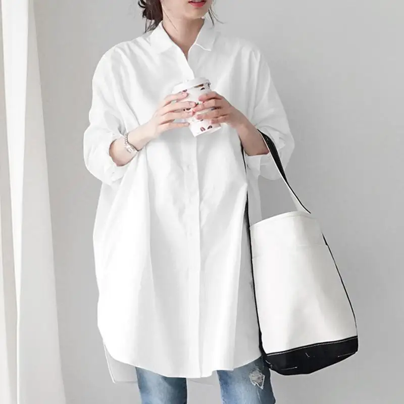 Women's Simple Shirt Commuting Style Lapels Long Sleeves  Side Slit Temperament Solid Color Simple Style Lady Shirt Skirt