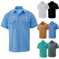 Men's Summer Lapel Solid Short Sleeve Shirt with Two Pockets Casual Button Comfort Cardigan 1