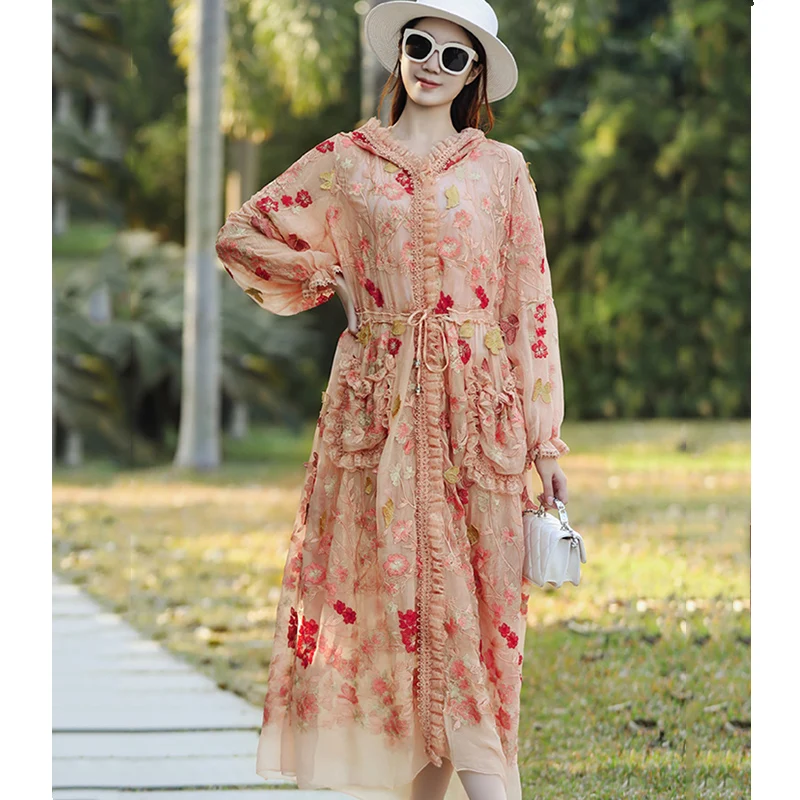 

Spring New Silk Outerwear Women's Fashion Hooded High-End Luxury Embroidery Adjustable Waist Sun Protection Coat One Size