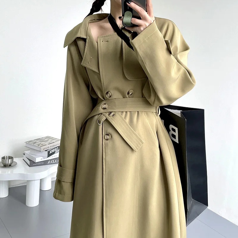 

Тренчкот женский длинный двубортный, приталенный ветрозащитный плащ с поясом, модный однотонный тренчкот, весна-осень