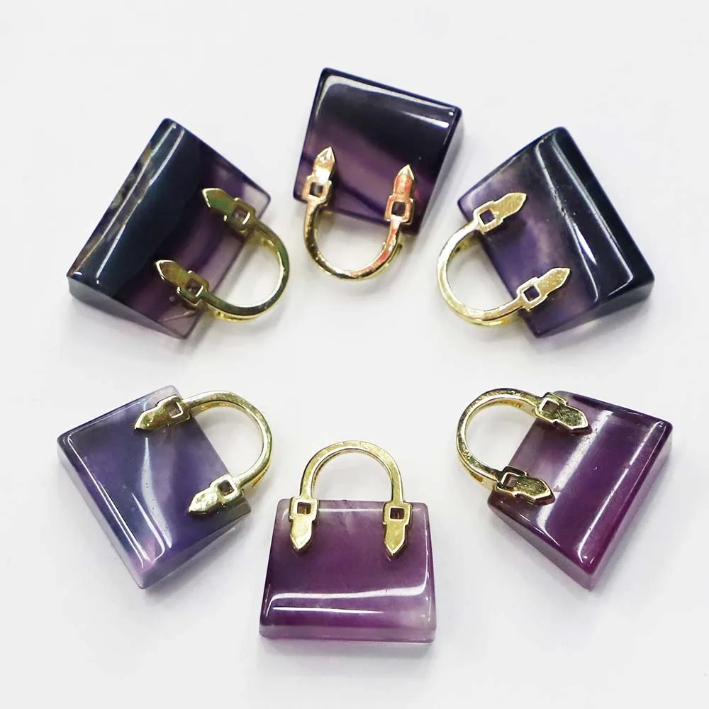 

High Quality Natural Stone Handbags Fluorite Pendants Charms for Women Necklace Jewelry Making 3PCS Wholesale Free Shipping