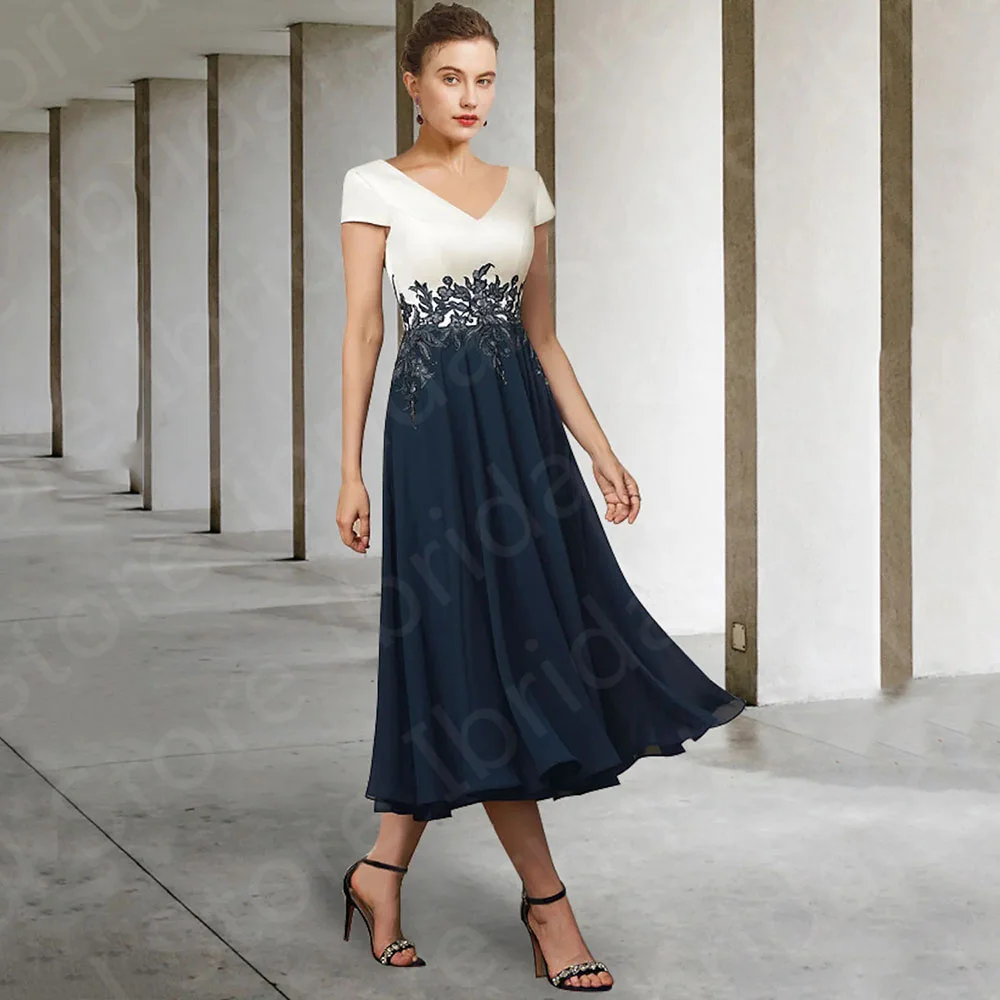 

Modern Latest Navy Blue Mother of the Bride Gowns Tea Length Dresses Short Sleeves V Neckline Wedding Party Lace