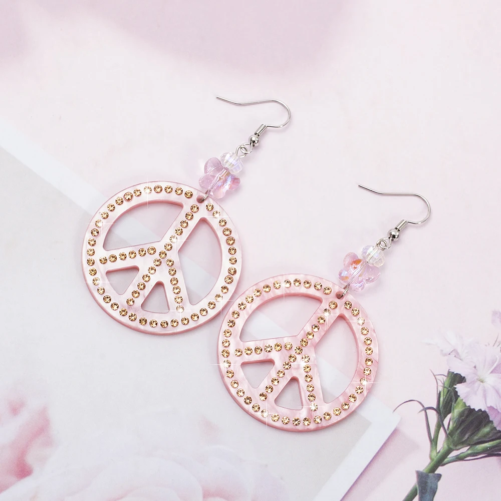New Fashion Circle Inlaid Rhinestone Glass Butterfly Pink Acrylic Peace Sign Earrings For Women Trend Dangle Drop Jewelry
