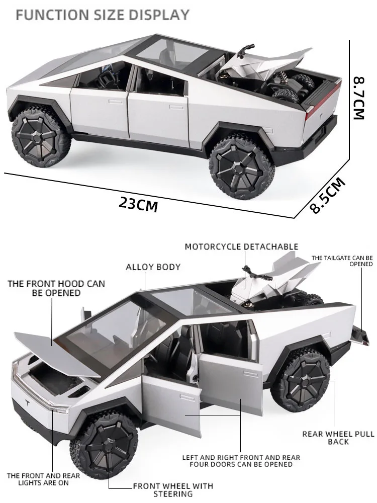 1:24 Tesla Pickup Model Alloy Car Simulation Off-Road Vehicle Sound And Light Pull Back Toy Car Boy Collection Decoration Gift 3