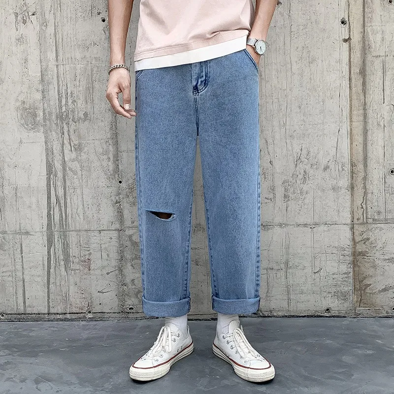 

2022 New Arrivals Hole Ripped Blue Men Hip Hop Baggy Jeans Trousers Straight Casual Solid Denim Pants Korean Clothing Pantalones