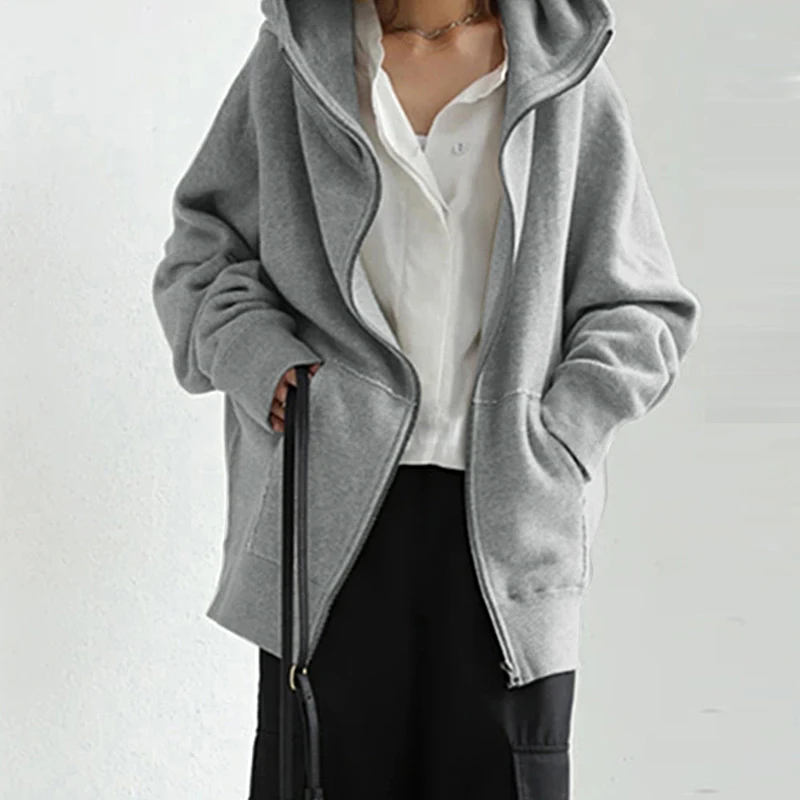 

Women Loose Top Shirt Sweatshirt Zip Long Sleeve Jacket New Hooded Solid Colour
