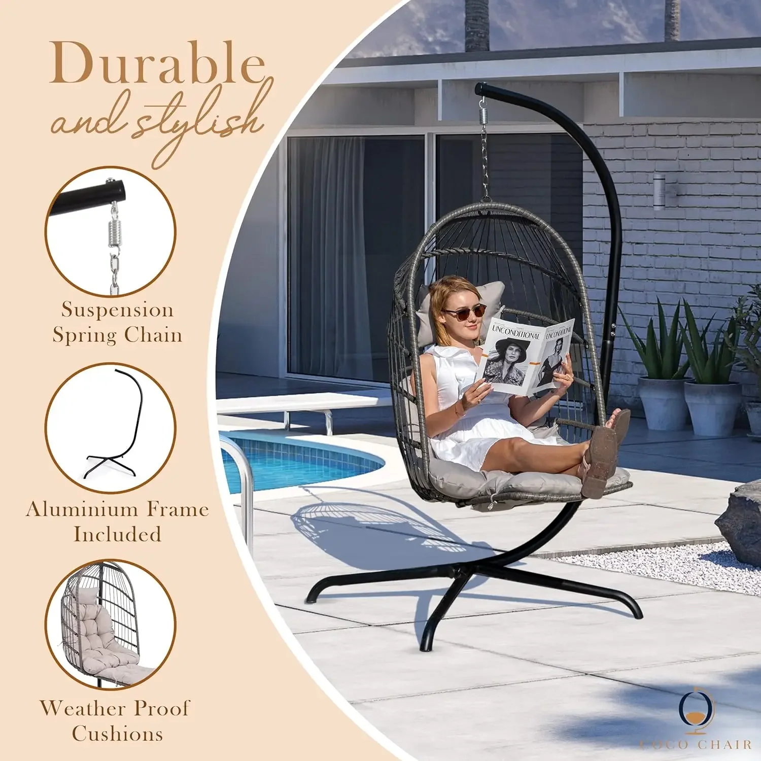 NEW-Hanging Egg Chair with Stand & Leg Rest | Gray Egg Chair Outdoor with Included Pillow | Swinging Chair for Outdoor and Indoo