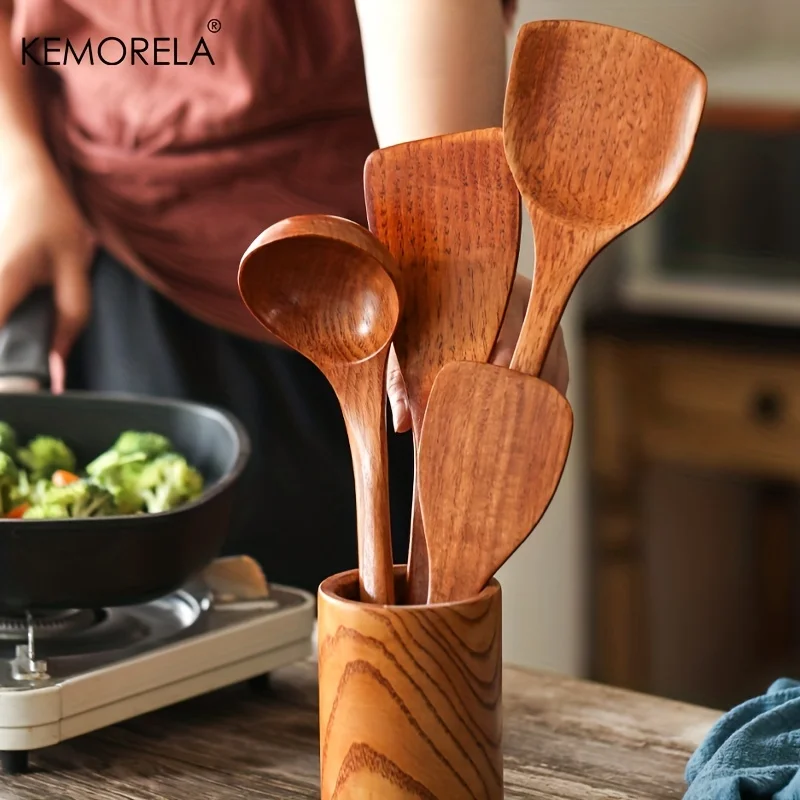 Set Di Cucchiai In Legno Di Teak Per Cucina - 7 Utensili Da Cucina Con Supporto - Antiaderenti, Adatti A Pentole Antiaderenti - Regalo Ideale Per Inaugurazione Casa - 2