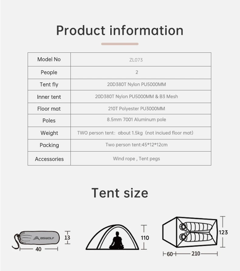 Bisinna ultraleichtes Camping zelt Rucksack Zelt 20d Nylon wasserdichtes Outdoor-Wander-Reise zelt Fahrrad zelt 1-2 Person – Detail 2