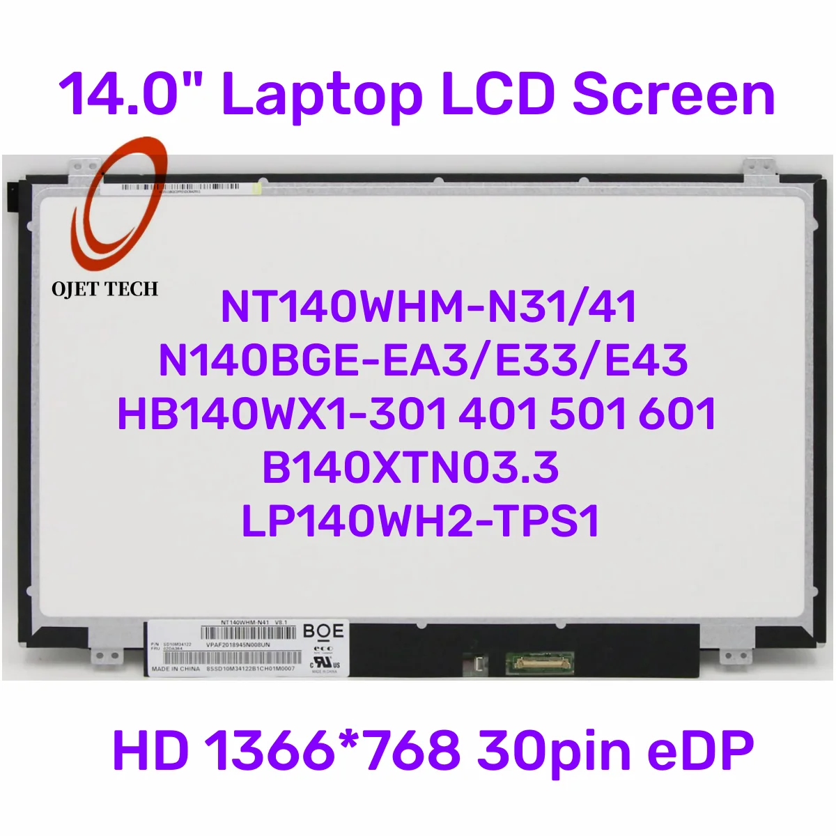 

14.0" Laptop LCD Screen NT140WHM-N31/41 N140BGE-EA3/E33/E43 HB140WX1-301 401 For ThinkPad T440 T450 T460 T470 T480 HD 30pin eDP