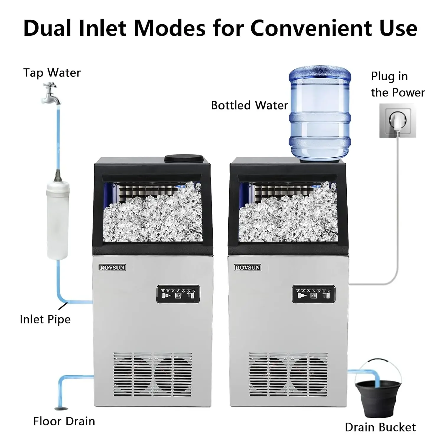 110LBS/24H Commercial Ice Maker Machine with 2 Water Inlets, Freestanding Ice Machine with 24lbs Storage Bin, Ice Scoop & Water 5
