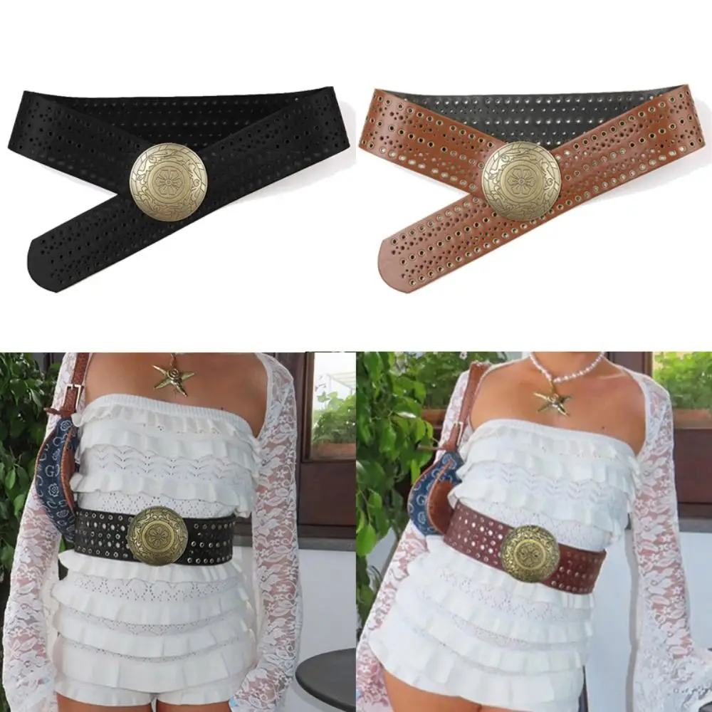 Heyjoin Hollow Wide Disc Belt For Women Leather Metal Buckle