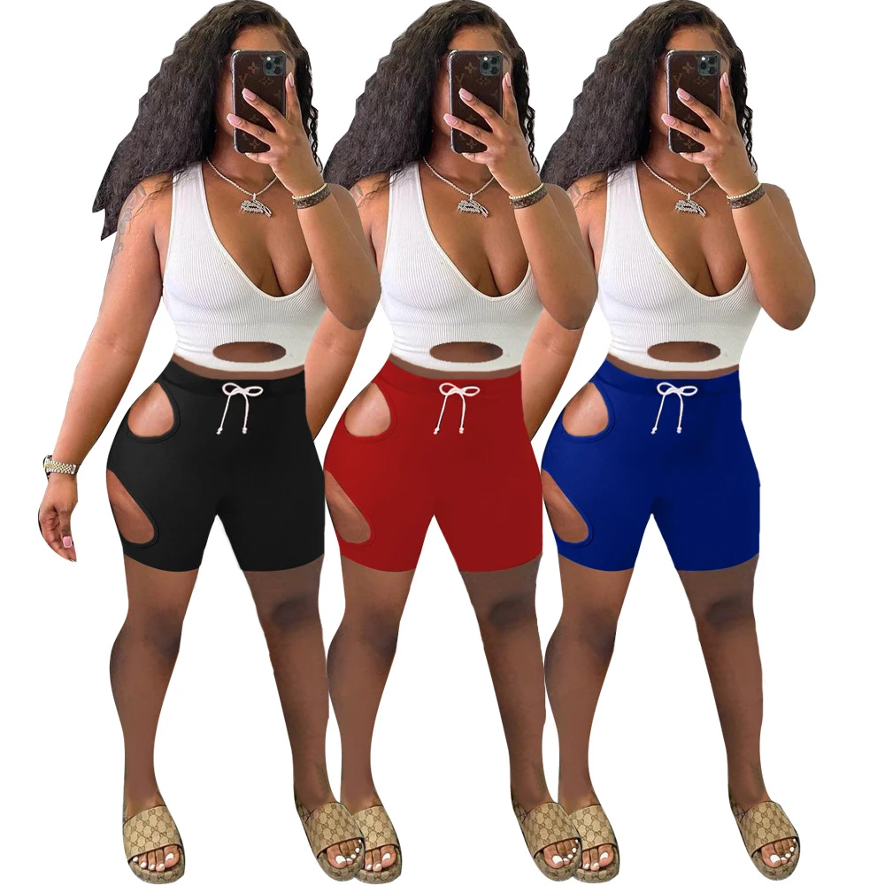 plus size pjs New Summer Sexy Outfits for Women 2022 Fashion Sexy Hollow Out Hole Navel Vest and Shorts Sets Casual Tracksuit Two Piece Set co ord sets