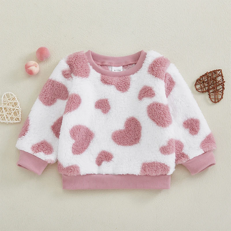 Citgeett Spring Valentine's Day Infant Baby Girl Plush Sweatshirt Cute Heart Pattern Long Sleeve Casual Tops Clothes