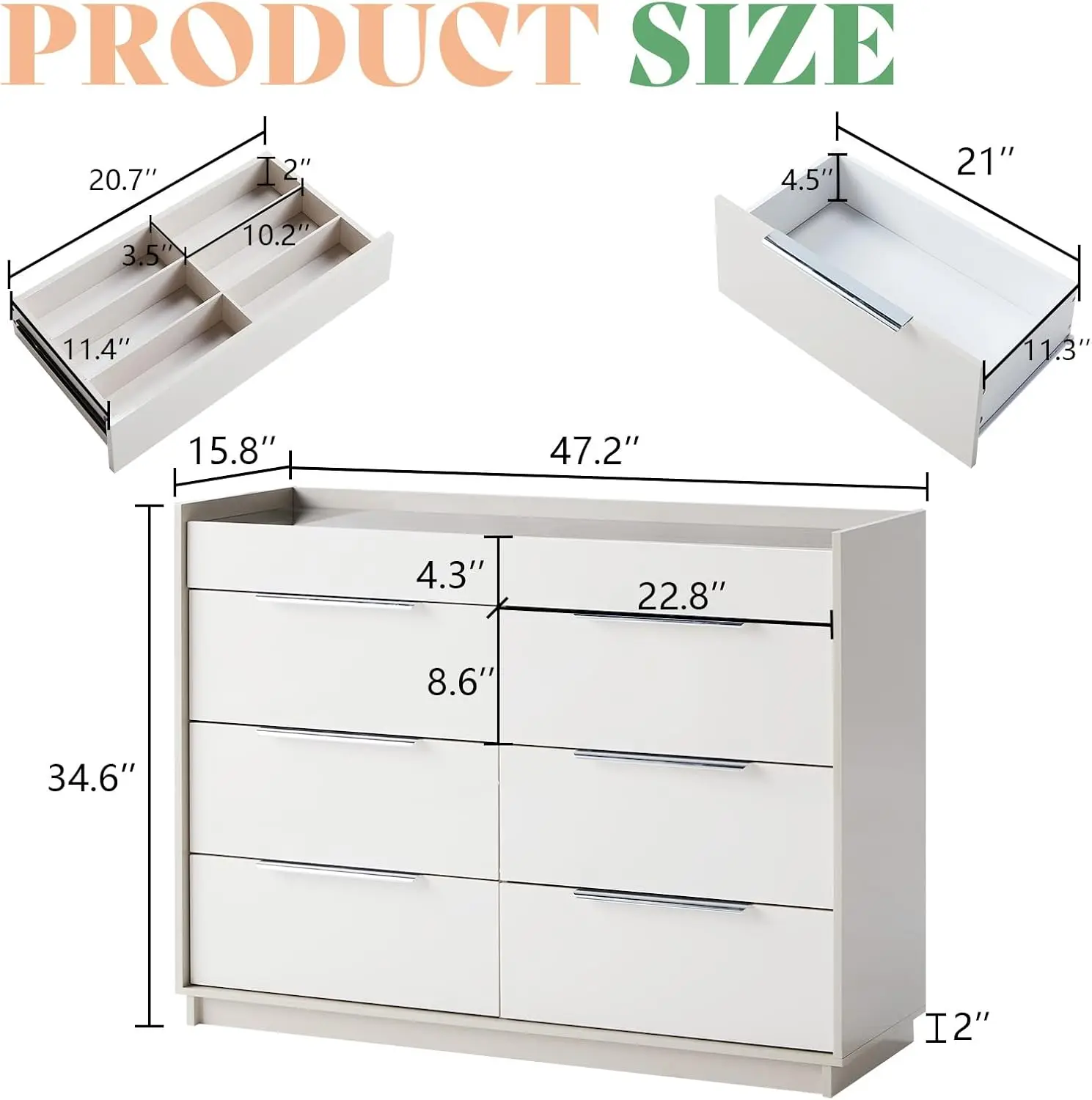 47.2" 8 Drawer Dresser with LED Light, Modern High Gloss Chest of Drawers with Glass Tabletop & 2 Six-Grid Jewelry Drawers