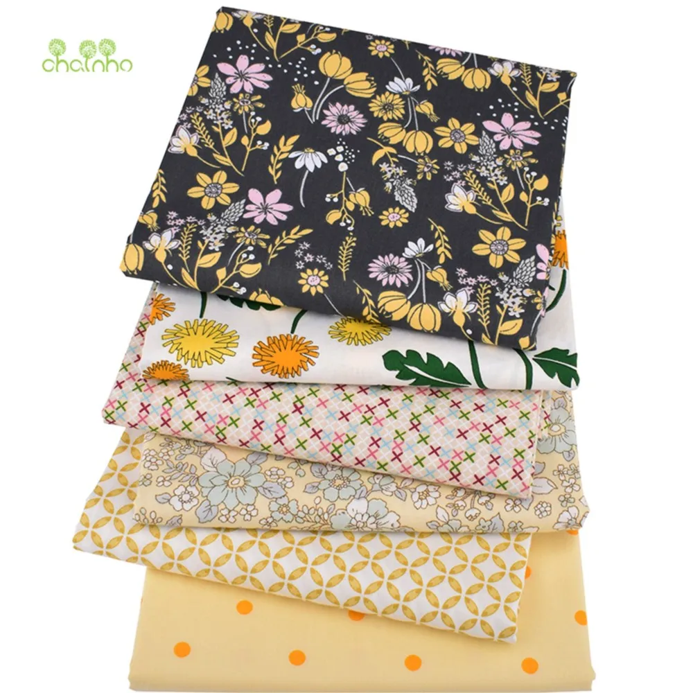 Chainho,Printed Twill Cotton Fabric,Patchwork Cloth,DIY Sewing & Quilting Material,Yellow Floral Series,6 Designs,2 Sizes,CC050