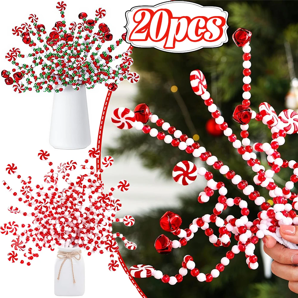 Christmas Tree Decoration Red/White Candy Bells Beads Curly Pick Branch Xmas Ornaments Garland Vase Decor Home Office Party Gift Christmas Decorations