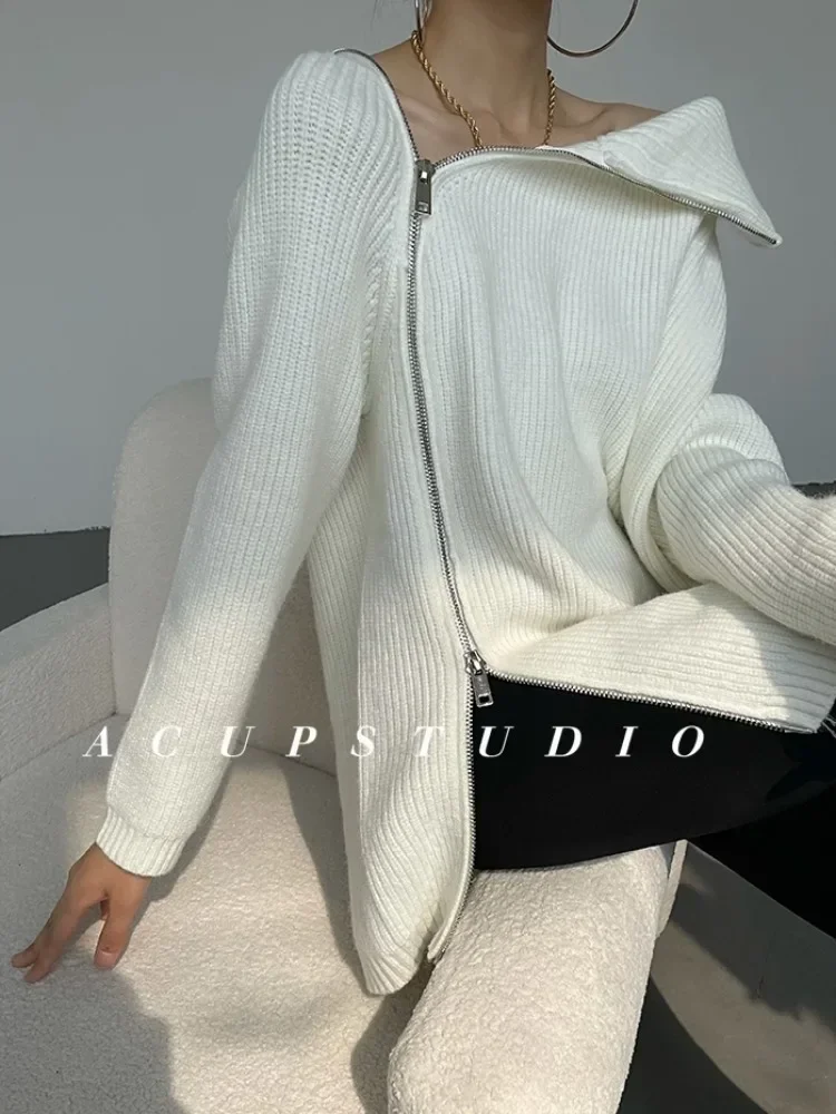 

Fashion Women Sweaters 2024 Autumn Winter Turtleneck Zipper Sweater Knitted Loose Women's Jumper White Long Women's Sweater