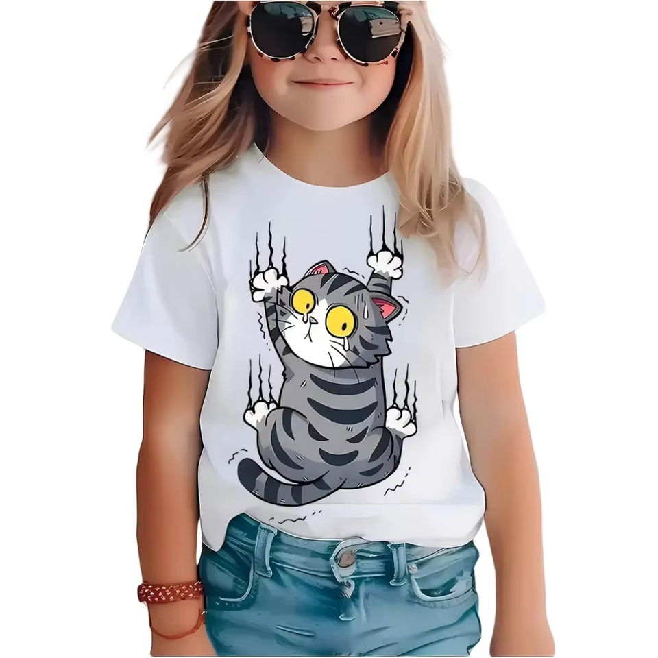 Cartoon Cat Girl T-Shirt for Kids Short Sleeve round Neck Top Junior Girls' Fashion Outdoor Clothing Cute Tees