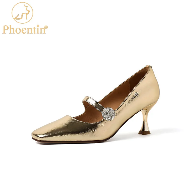 

Phoentin Women's Square toe Mary Janes shoes high heels wedding Party shoes bride elegant pumps Gold Silver plus size 43 FT1996