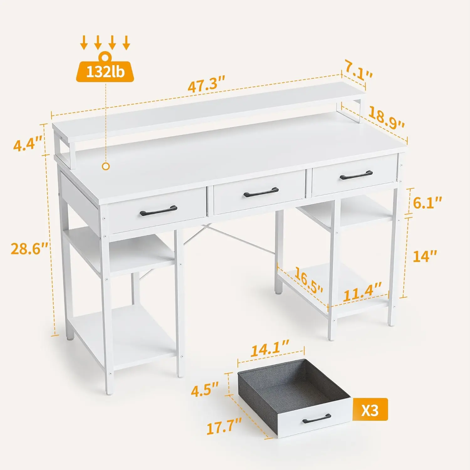 47 Inch Computer Desk with 3 Drawers and Storage Shelves, Small Home Office Desk with Monitor Stand, Study Writing Table 3