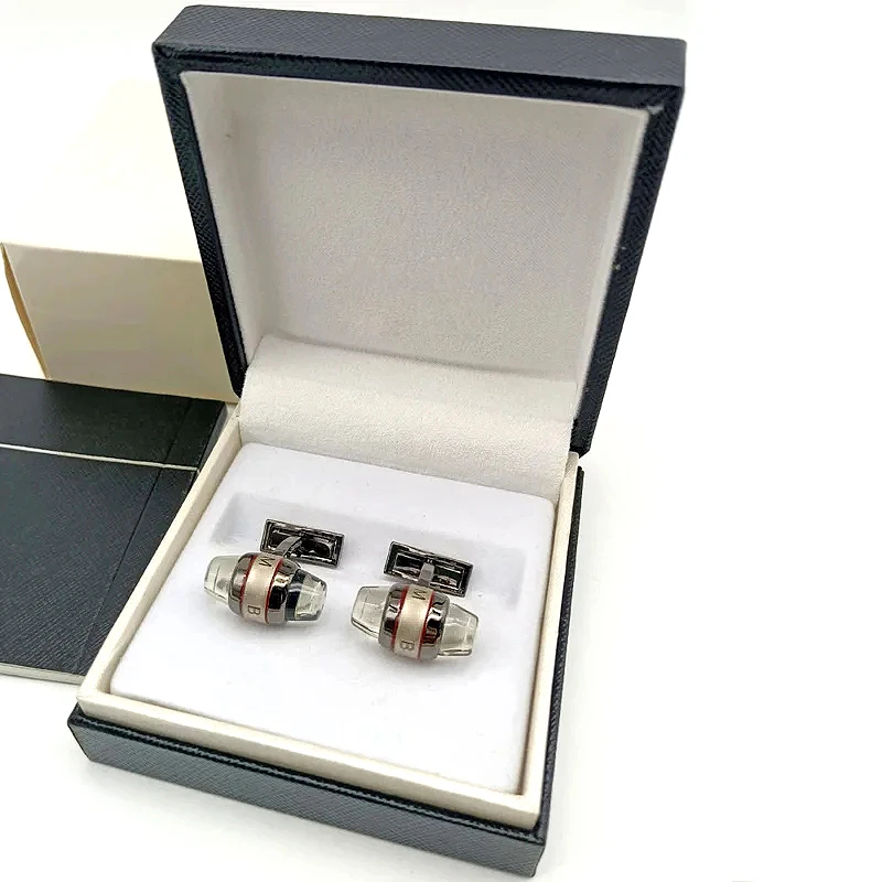 PJS Luxury MB Silver Flat Crystal Head & SW Classic Design Cuff Link With White Star Normal Size Cufflinks Button Box Set