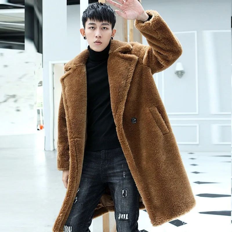 

2023 New Men Winter Faux Shearling Fur Coat Long Pattern Below The Knees Overcoat Thicken Warm Jacket Fashion Loose Outwear