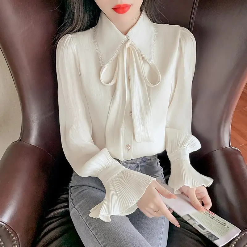 

New Spring Womens White Shirt Elegant Flare Long Sleeve Bow Tie Turn Down Collar Chiffon Blouse Ladies Casual Button Shirts Tops