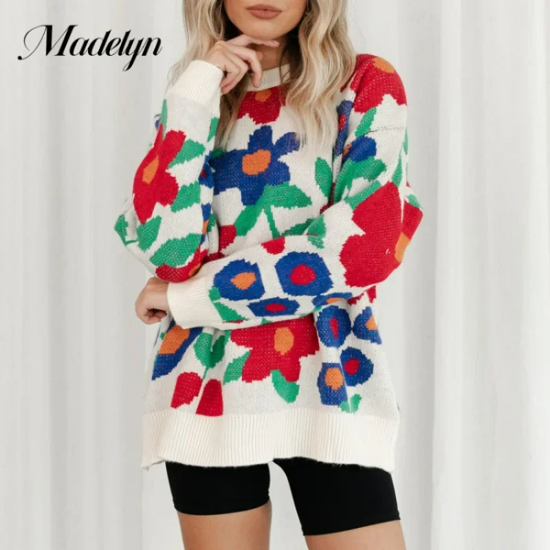 

2023 Flower Printed Knitted Pullover Women Autumn Casual Fashion O-Neck Sweater Female Retro Loose Colorful Long Sleeve Jumper